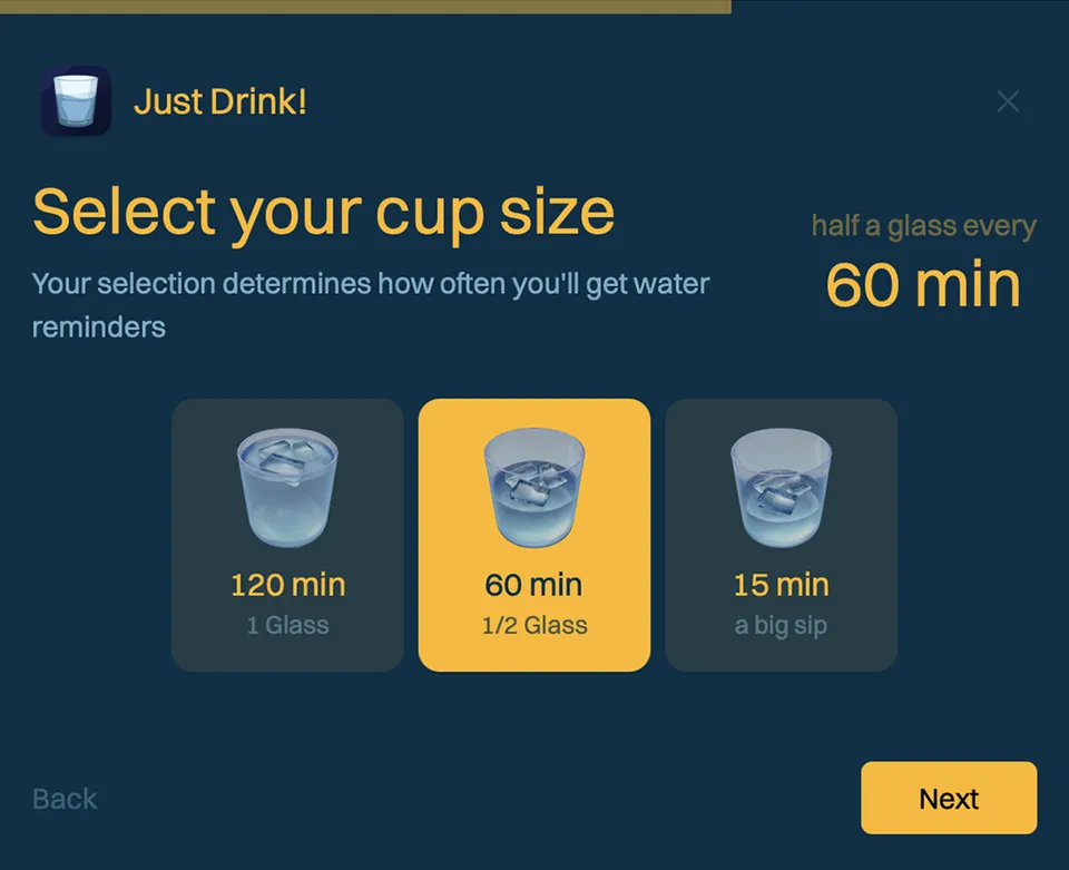 Just Drink cup-size setup screen