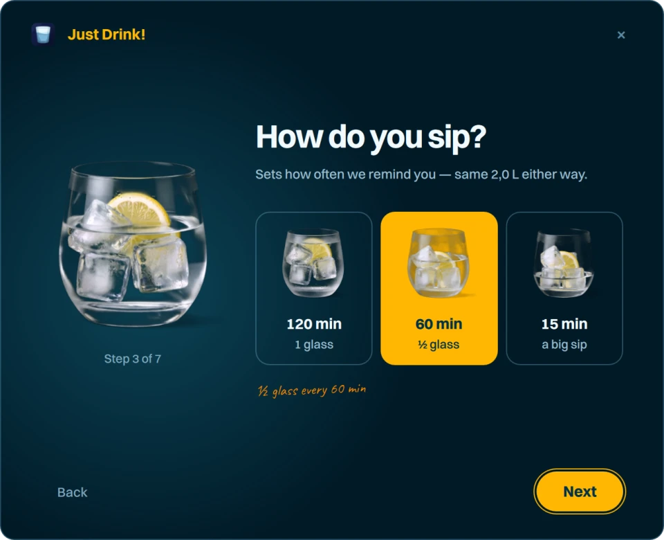 Just Drink sip-size setup screen